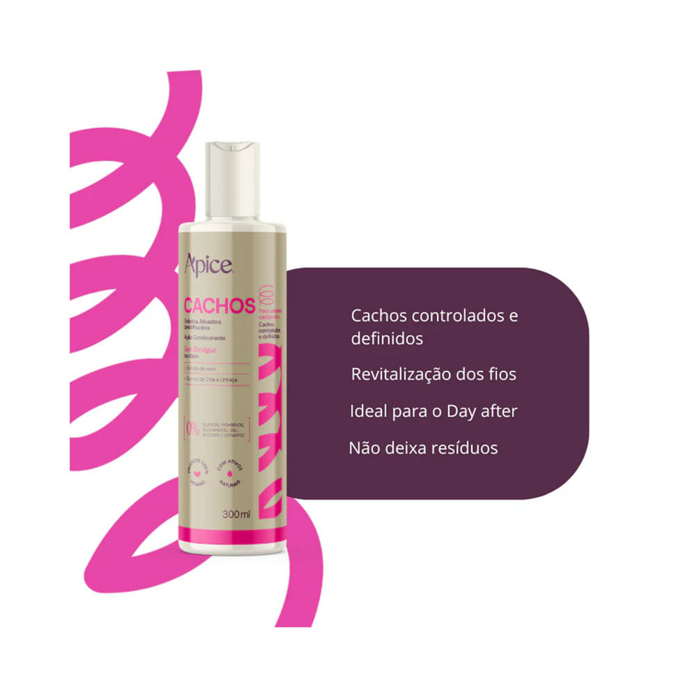 Gelatina Ativadora Apice Cachos 300ml ao lado de quadro com benefícios